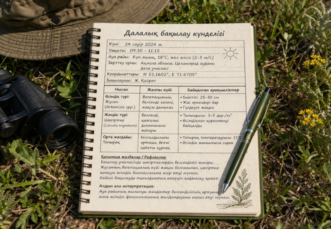 Далалық бақылау күнделігінің мысалы